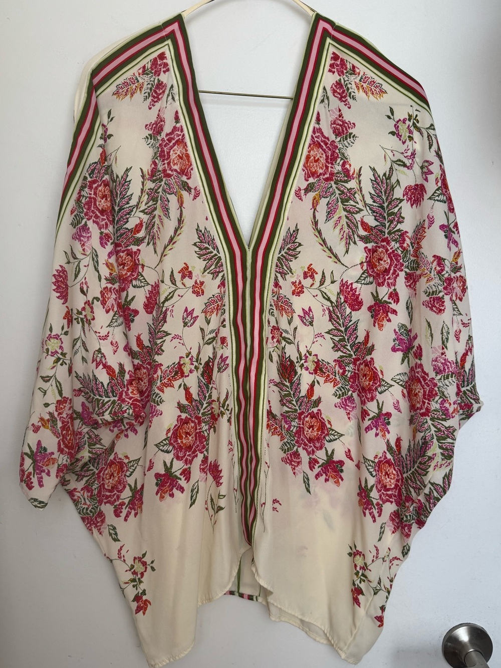 Rose + Olive Floral V-Neck Kimono Top - Cream with Pink & Green Floral Print, L